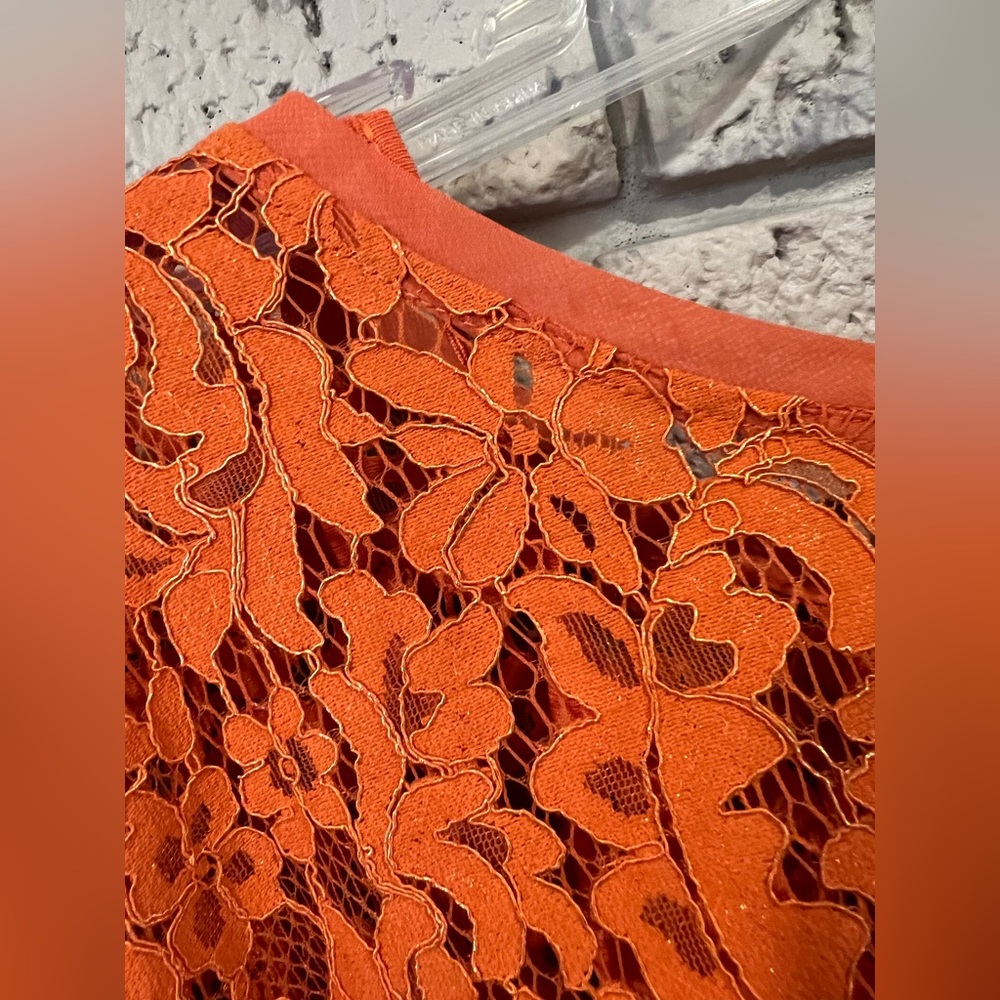 NWT  Chico’s Bright Orange Marmalade Floral Foiled Lace Short Sleeve Blouse XL - Picture 3 of 15